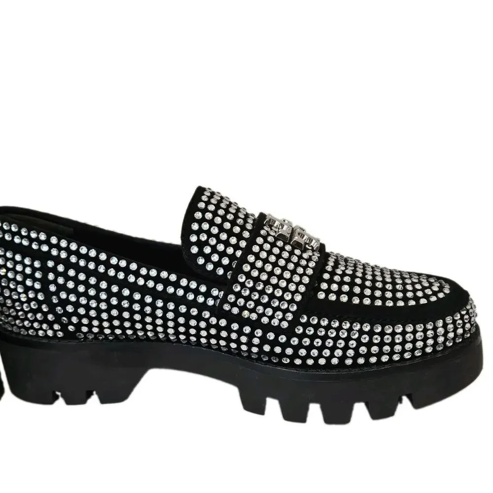 New Tory Burch Chunky Loafer Mini Everly Black Suede Crystals Lug Sole Size 7M